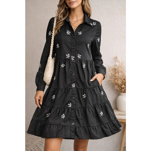 Women’s Black Embroidered Tiered Shirt Dress Button Front Long Sleeve Boho Cotta